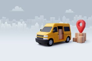Imagem 3D de um furgão amarelo realizando entrega de caixas, com um ícone de pin ao lado e uma cidade ao fundo.