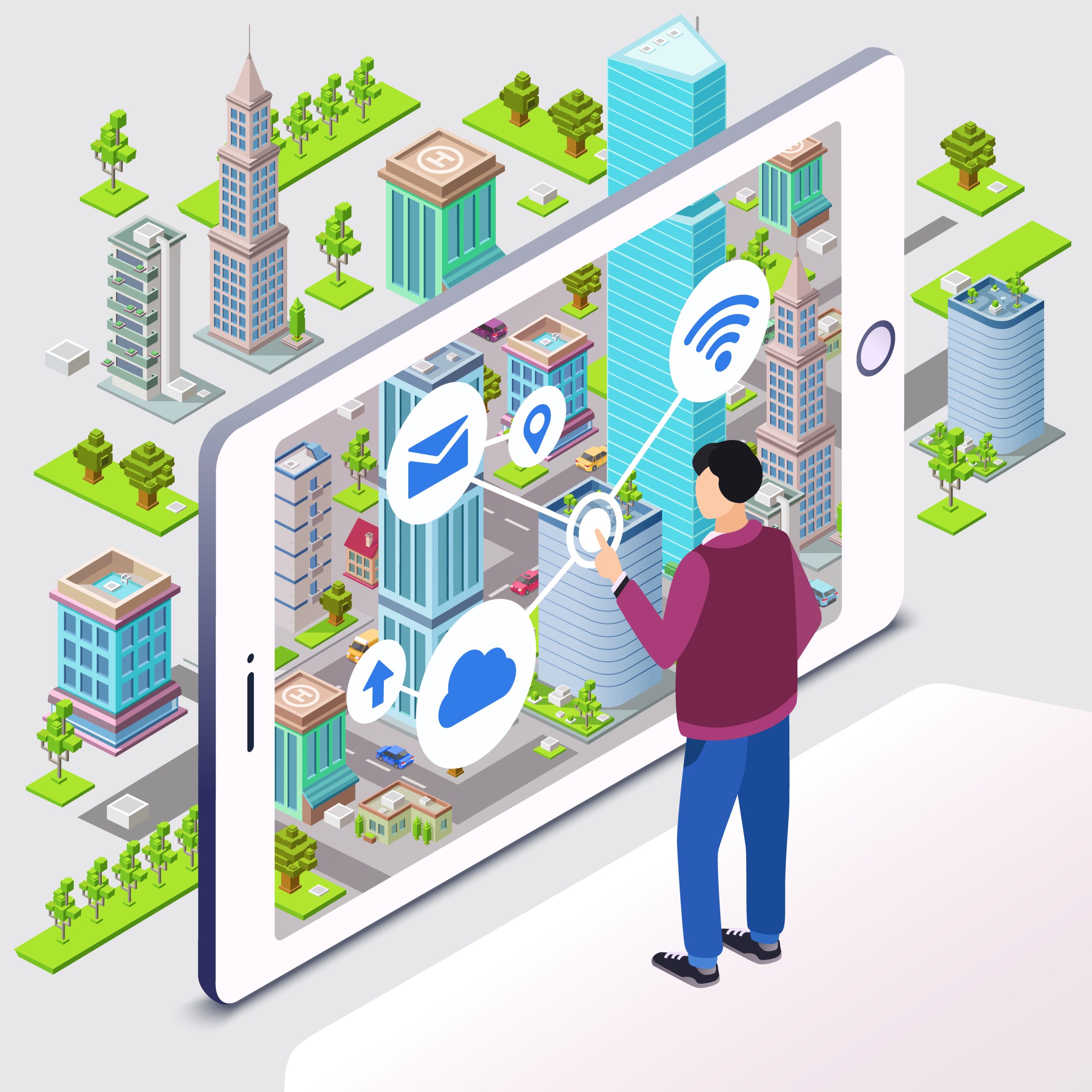 Ilustração de pessoa interagindo em celular gigante, com desenho de smart city na tela.