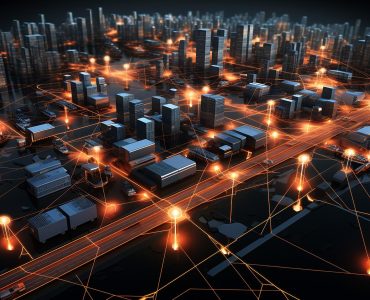 Smart city em 3D com ruas em neon.