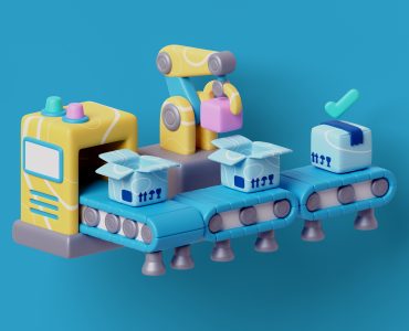 Ilustração 3D de uma esteira com caixas e robôs.