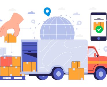 Ilustração com um caminhão, algumas caixas, um celular e uma imagem que representa localização em um globo.