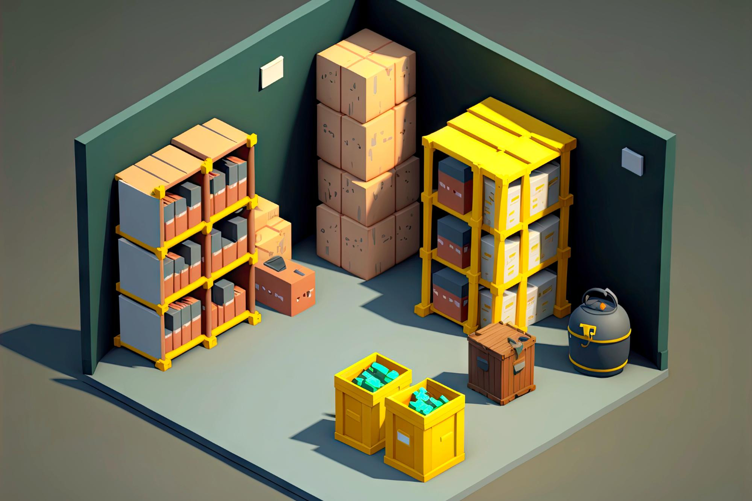Ilustração de um armazém pequeno, com caixas e prateleiras.
