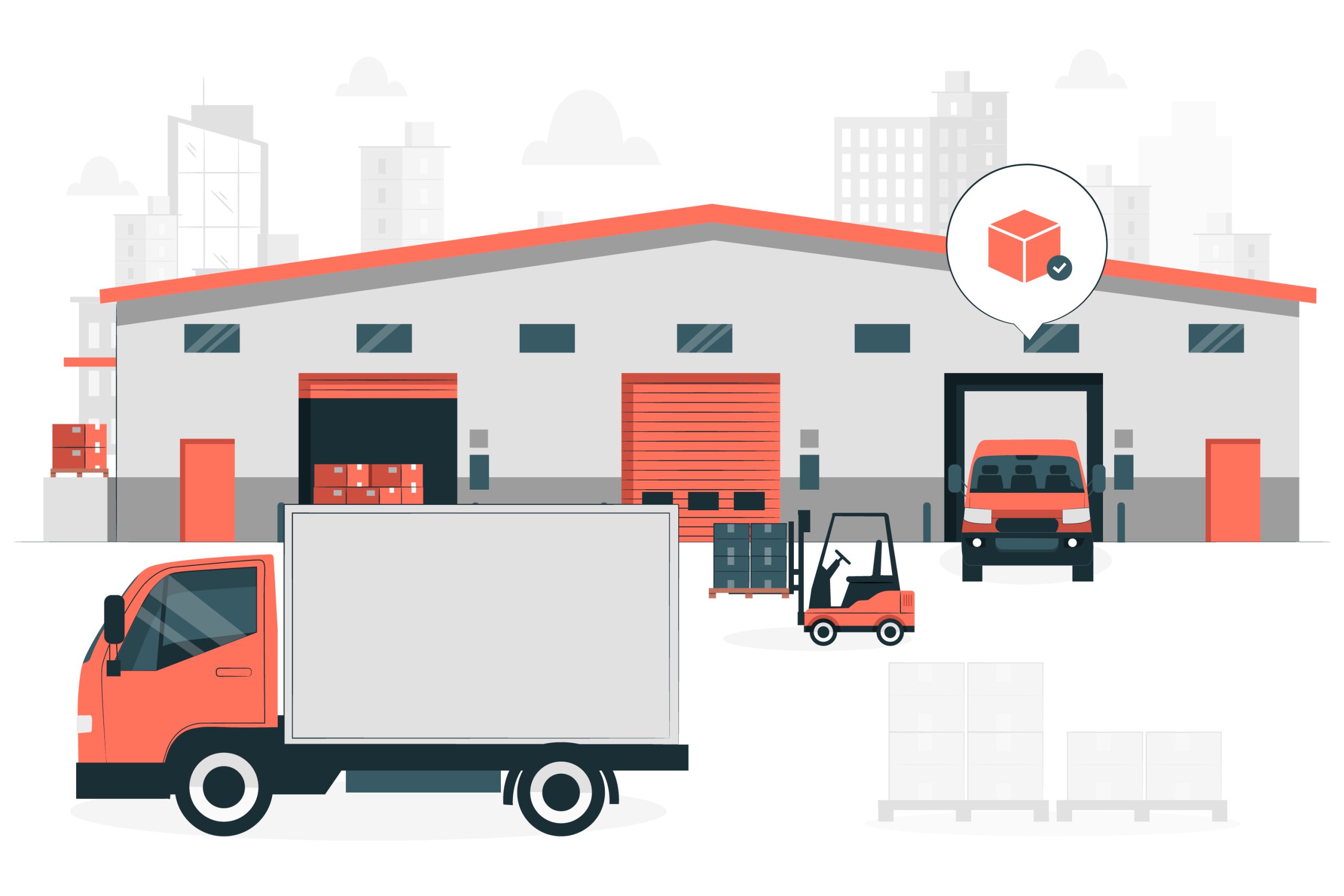 Ilustração que reúne um armazém, dois caminhões, uma empilhadeira e algumas caixas.