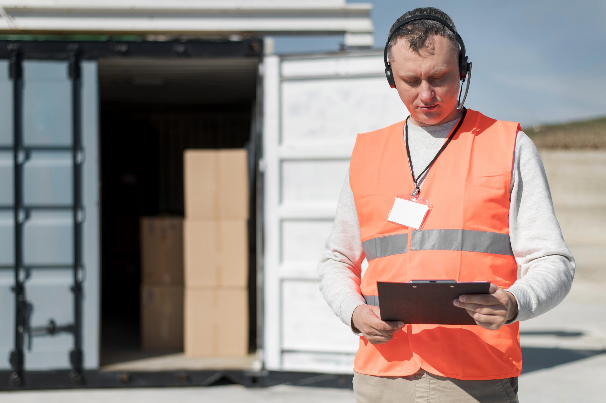 Homem com colete laranja e um fone no ouvido segurando um tablet. Ao fundo, um container com algumas caixas.