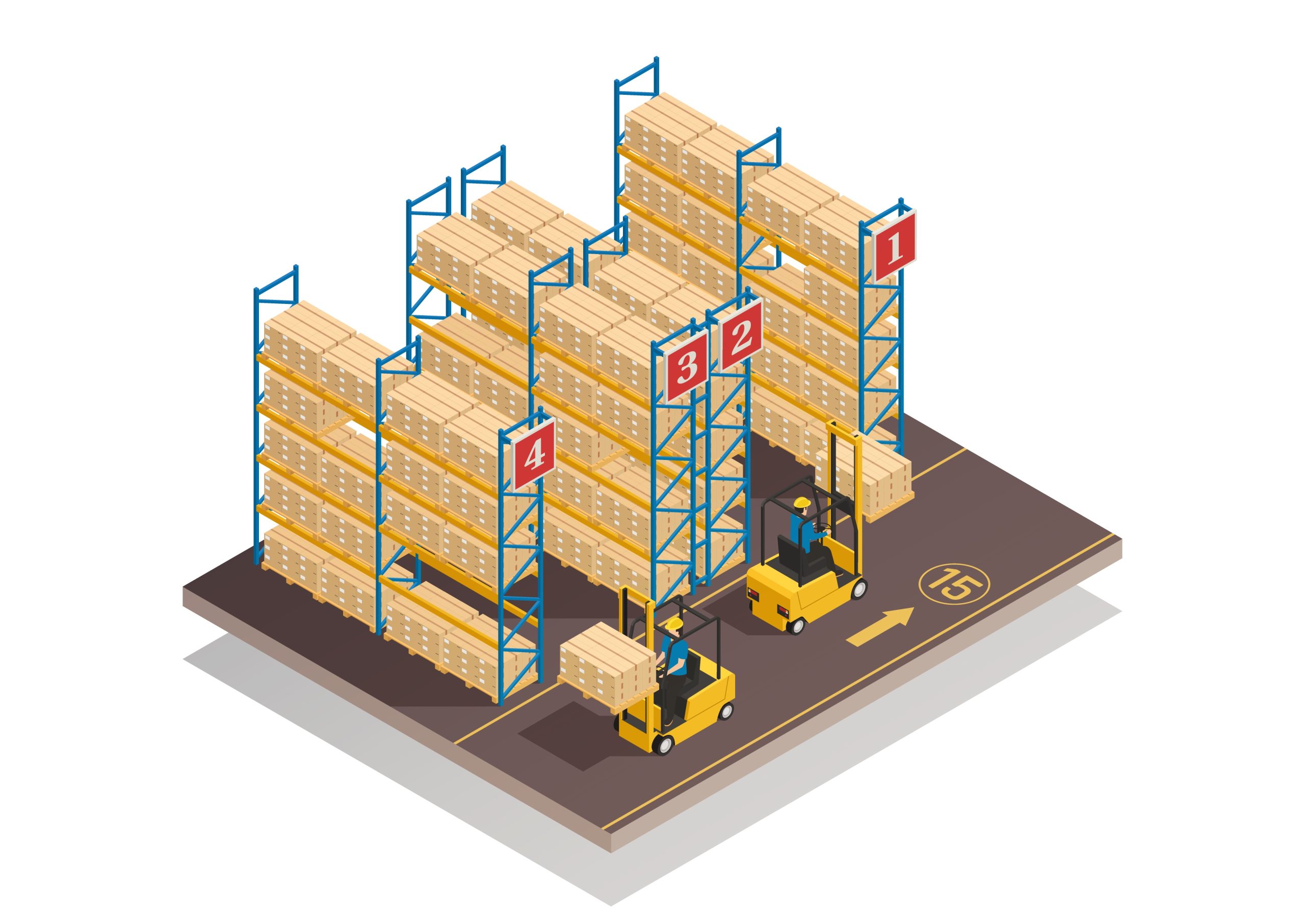 Ilustração de um armazém com racks e caixas empilhadas, além de duas empilhadeiras amarelas.