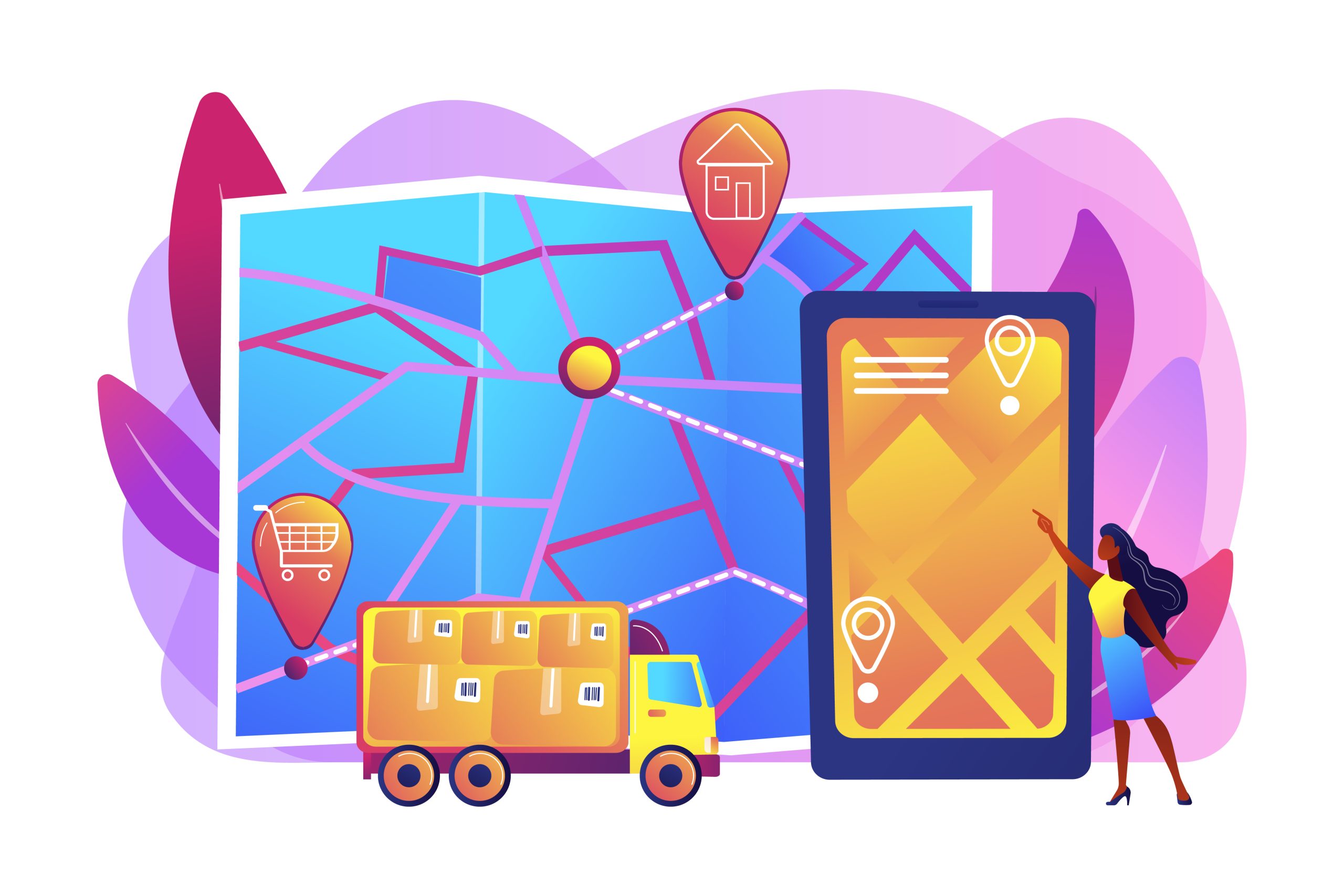 Ilustração de rastreamento de entrega mostrando um caminhão de transporte, um smartphone com um mapa de localização e ícones de navegação, indicando o progresso da entrega.